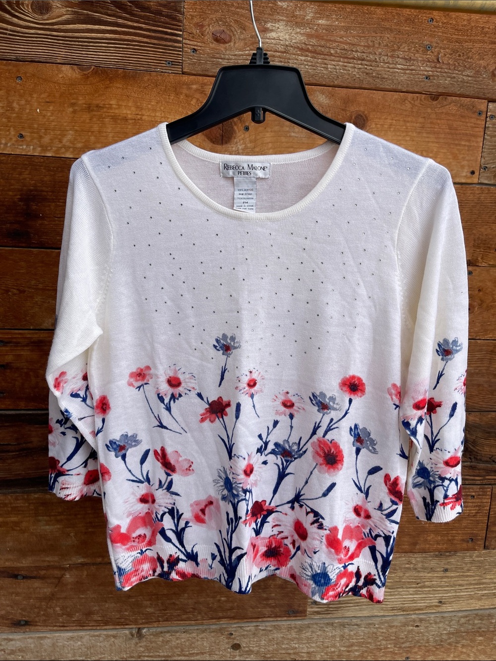 Rebecca Malone White Floral Crewneck Sweater with Red & Navy Blooms